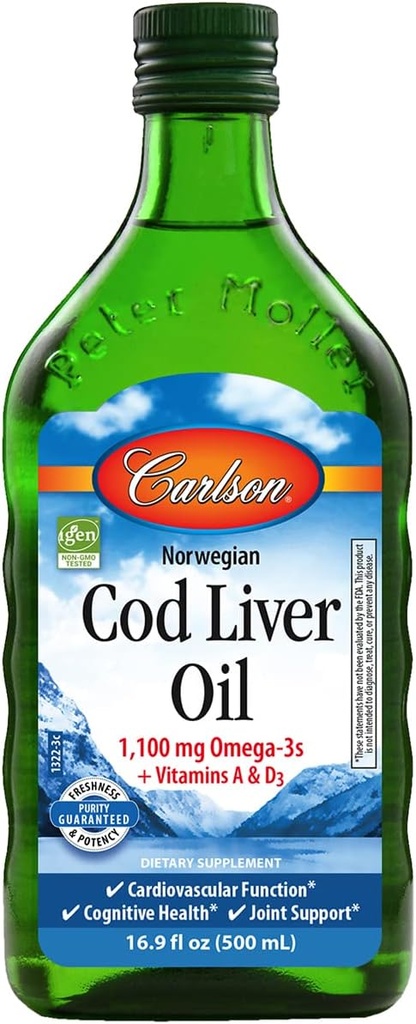 Carlson - Cod Liver Oil, 1100 mg Omega- 3s + A & D3, Wild- Caught Norwegia Cod- Liver Oil, Sustained Nordic Fish Oil Liil Liquid, Unflamited, 500 mL (16.9 Fl Oz)
