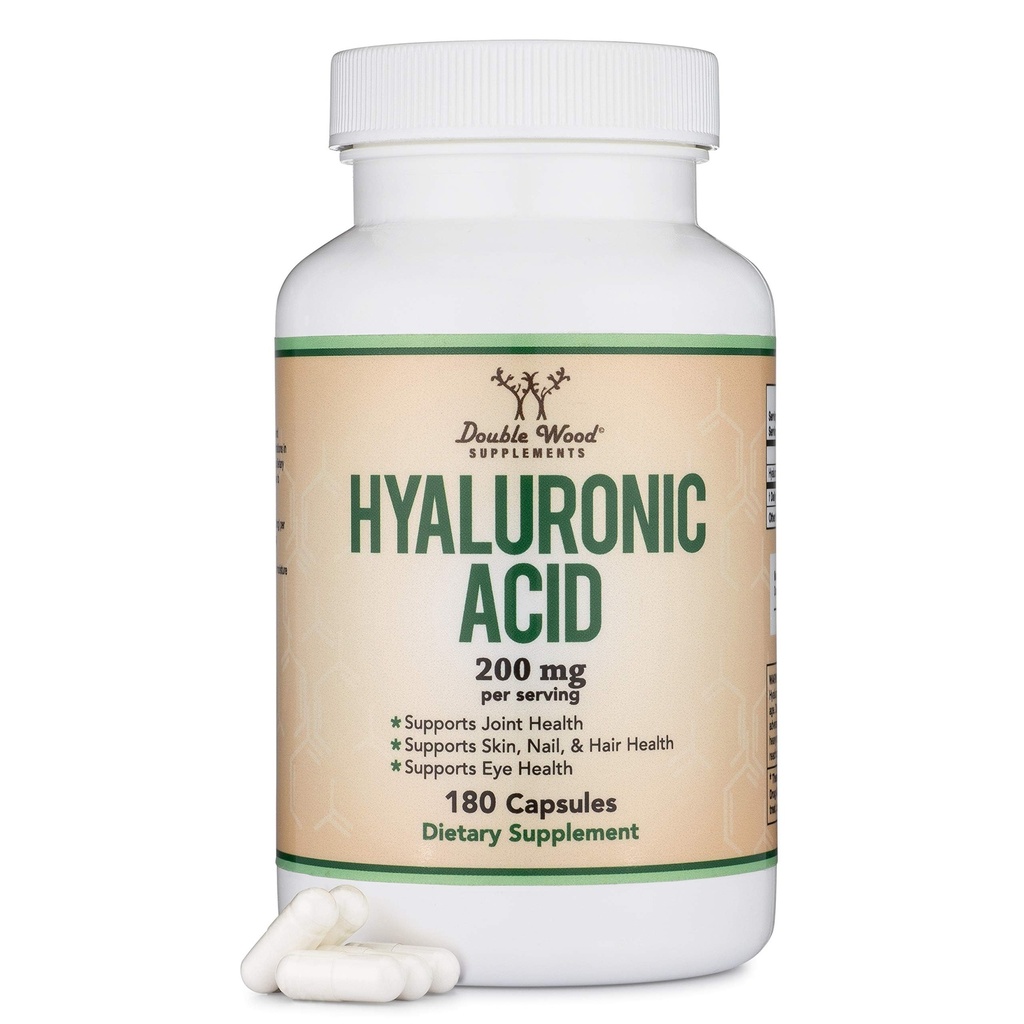 Suplemen Acid Hyaluronic - 180 Capsules (Enhances Effects of Hyaluronic Serum for Face) 200mg Per Serving for Skin and Face Aging Support (Acido Hialuronico) Gluten Free by Double Wood