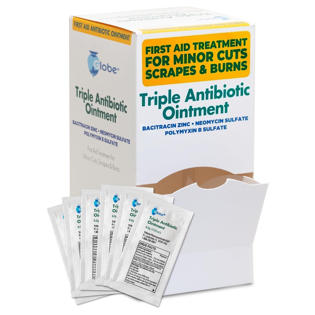 Globe (144 Pack) Triple Antibiotic Oconsult Single Packet, Aid Kit pertama untuk Minor Scratches, Wounds, Cuts dan Burns, Prevency Infeksi Aktif Ingredials ke Ukuran Petunjuk, Perjalanan