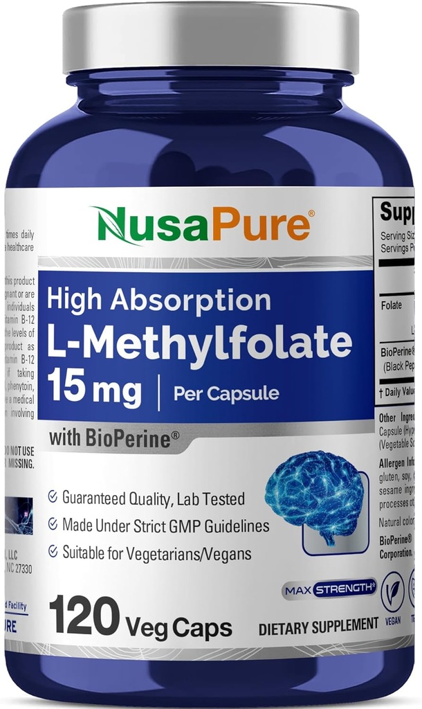 NusaPure L Methylfolat 15mg, 120 Veggie Capsules, Bioperine