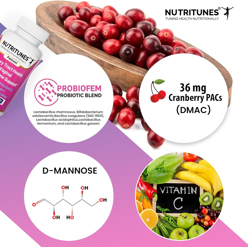 Cranberry Pac dengan suplemen D Mannose untuk Perempuan, Vitamin C dan Women Probiotik Vaginal termasuk Lacleillus dan Bifidobacterium strain untuk Kesehatan Trakta UTH 60 Femani