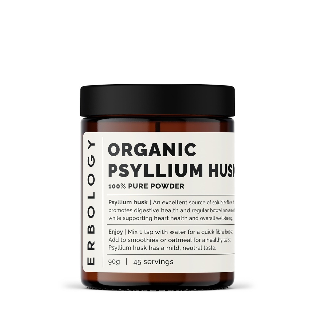 Erbologi Psyllium Husk Powder 3.2 oz - 45 hamba - Promoles Digetical Health and Regular Bowel Movement - Disustable Sourded Straight from Farm in India - Small Batch - Vegan - GMO-Free