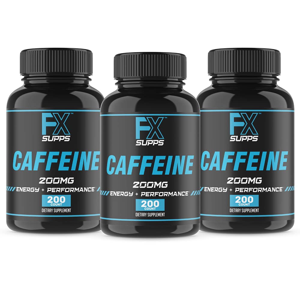FXSUPPS Caffeine 200mg Pill (3- Pack, 600 Kapsul) - Suplemen Energi Akting-Cepat untuk Pria dan Wanita; Supports Focus, Alertice & Metabolic Fungsi Tentu