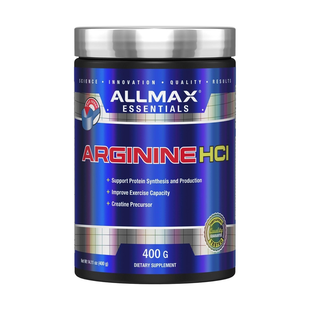 ALLMAX Esensial ARGININE HCL - 400 g - Plecursor untuk Sintesis Oxide Nitric - Vegan & Gluten Bebas - 200 Servis