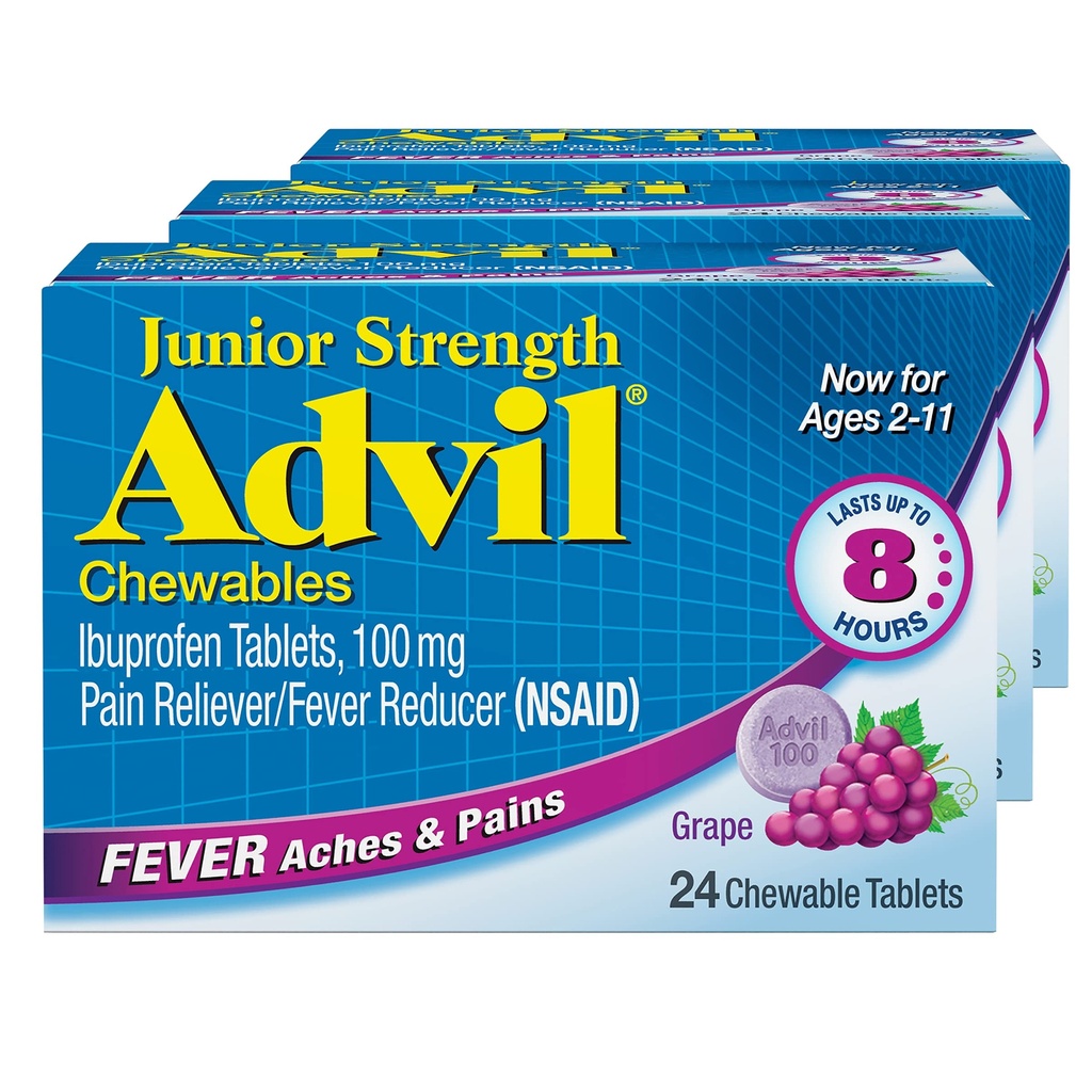 Advil Junior Kekuatan Dapat Disalurkan Reliever Pain and Fever Reducer, Ibuprofen Anak untuk Relief Sakit, Grape - 24 Tablet (Paket 3)