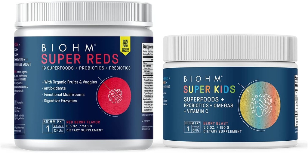 BiOHM Super Reds Superfood Popper, Tart Cherry & Super Kids Superfood Pounder + Progories, Antioxidants & Omega-3 - Gluten Bebas, GMO Bebas, Dairy Free, Ingrelasi Tanpa Buatan