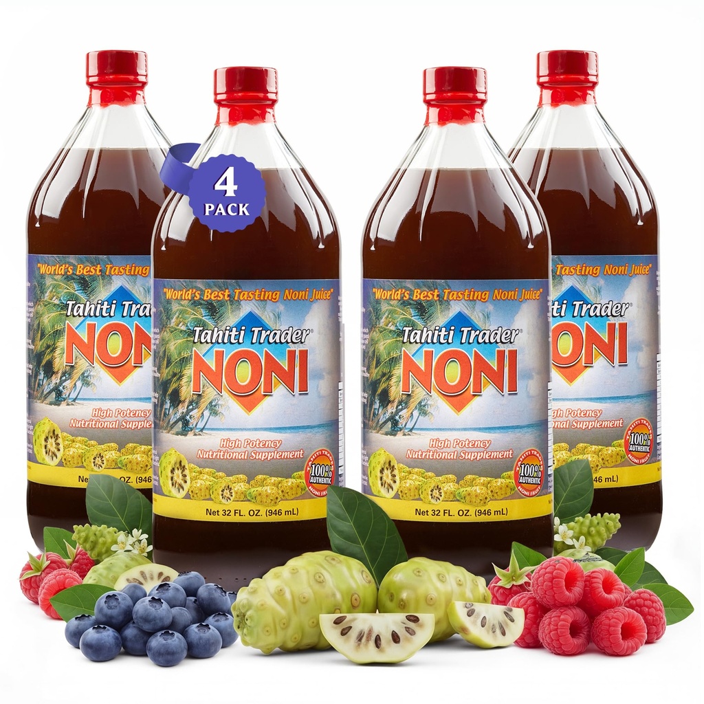 TRADER TAHITI (4- PK) Juice Potency Noni yang Asli - Jus Buah Noni Murni dengan Blueberry & Raspberry - Organic Antiokidant Superfood Supporting Energy & Body Health - (32oz, 4 Pack)