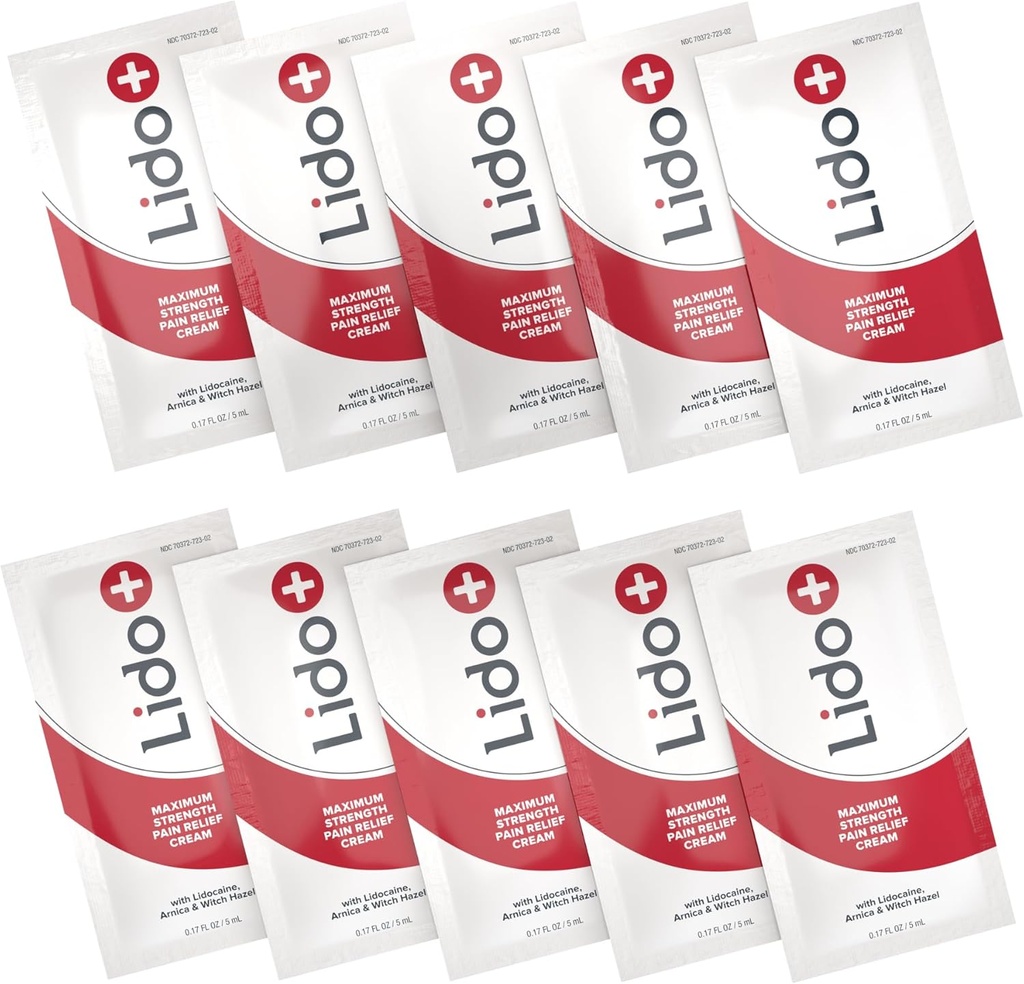 Lido + 10- Pack Lidocaine Cream Sachets 124; Rapid Relief for Joint and Muscle Pain, Pain Relief Cream 124; Long- Lasting Formula-la, Made in USA