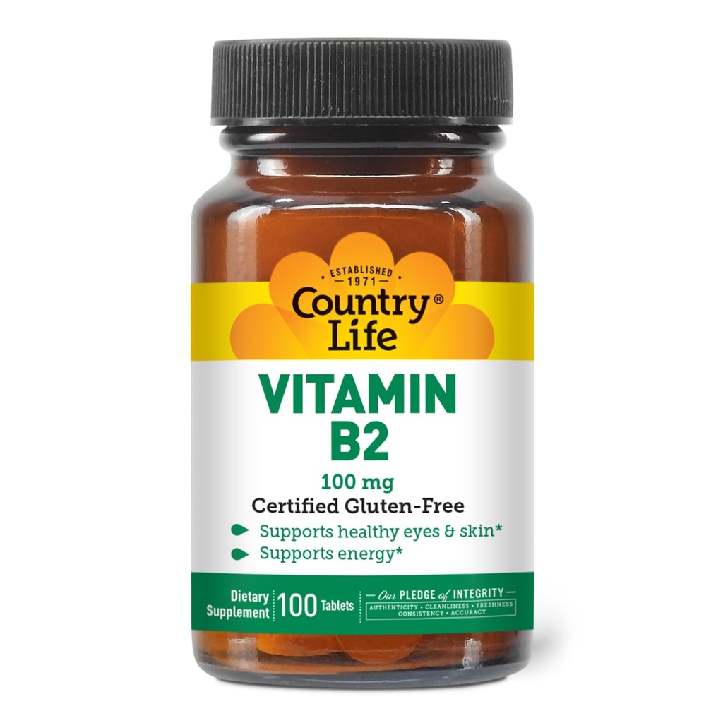 "Country Life Vitamin B2 100mg Riboflavin Suplemen - Boosts Energy Production & Supports Cell Fungsi, Gluten- Free, Vegan, Kosher, Halal - tidak ada pengawet, GMO atau Flavors Artificial, 100 Count