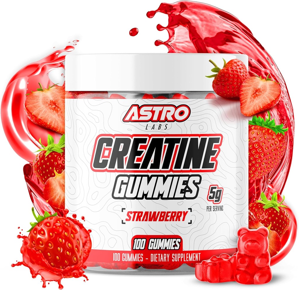 Creatine Gummies for Men & Women - 5g per Serving, Increase Strength, Muscle Gain, Recovery, Endurance - Vegan, Gluten- Free, Low Sugar Creatine Monohydrate Gummies - Strawberry (100 Count)