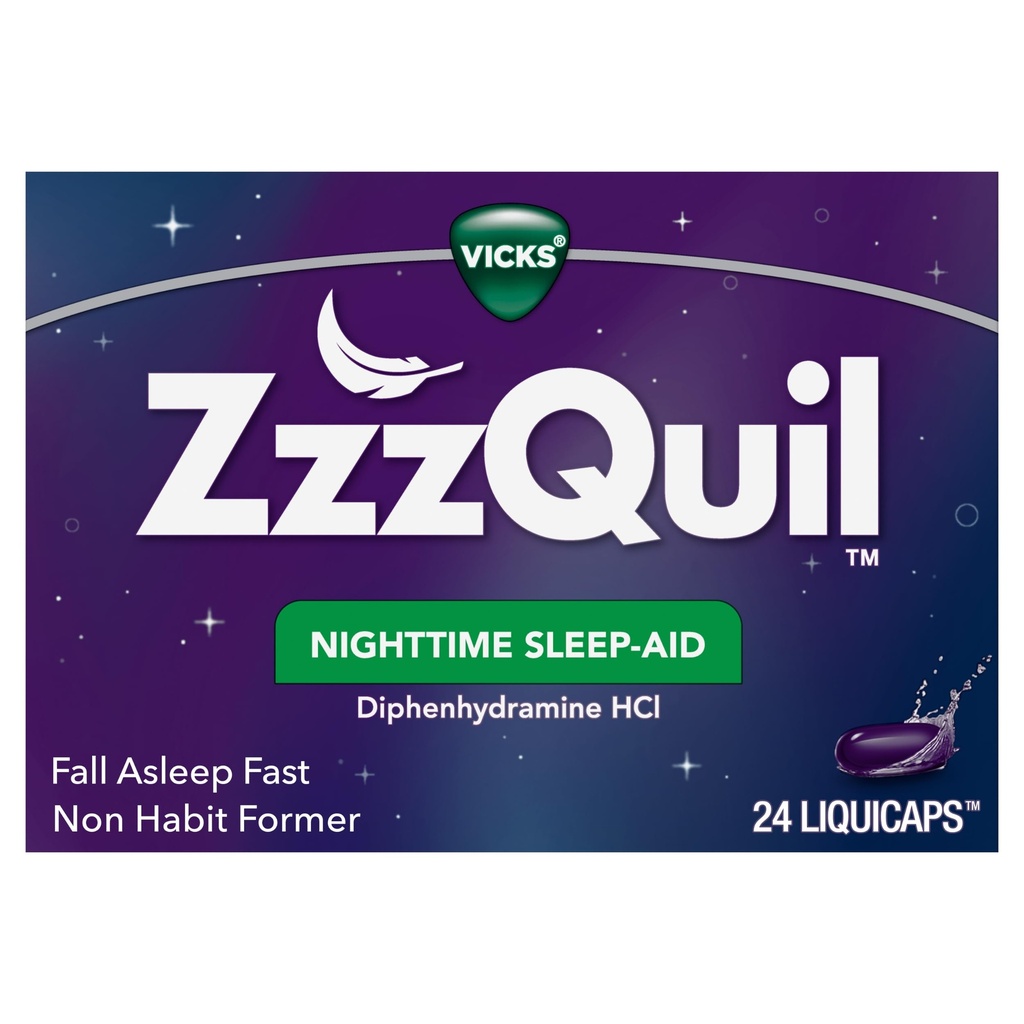 Vicks ZzzQuil, Nighttime Sleep Aid Liquicaps, 25 mg Diphenhydramine HCI, No.1 Sleep-Aid Brand, Non-Habit Forming, Fall Asleep Fast, 24 Count