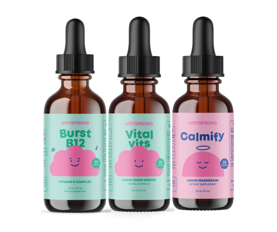 JoySpring B-Complex & Vital Vits dengan Magnesium Drops Bundle 124; Anak-anak Bersumber Alami Vitamin & Minamins 124- Alcolic, Sugar- Free Liquid Formula 124; Vegan & Vegetarian Liquid Suplemen