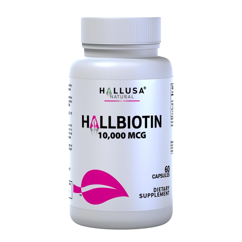 Hallusa Natural Biotin Capsules 10.000 mcg Heally Hair, Skin & Nails - Pastilla la caída del Cabello - Crecimiento del Cabello - Crecimiento de la Barba - Alopecia y calvicie - 60 Capsules