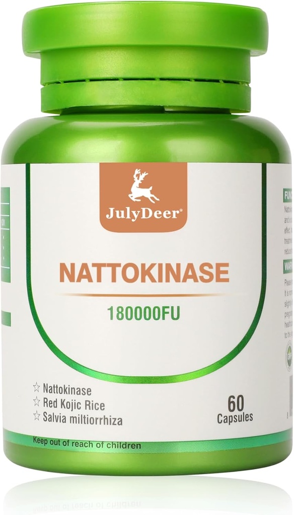 Suplemen Nattokinase 180, 000 FU Whole Bottle 60 Capsules, 6, 000FU 2 Capsules Suplemen Nutrisi Harian Systemic Enzymes Vegetarian Friendly for Carovascular and Circular Support