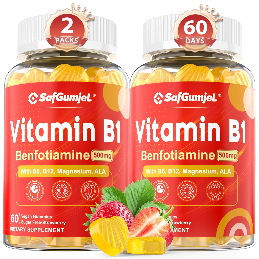 Vitamin B1 Gummies 124; Benfotiamine 500mg dengan Vitamin B6 B9 B12 & Magnesium for Nerve Health, Energy & Metabolisme Dukung 124; Sugar Free, Non GMO, Vegan, 120 Counts