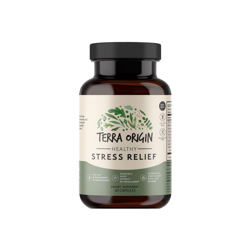 TERRA ORIGIN Heally Stress Supplement: 124; 60 Capsules 124; KSM-66 Organic Ashwagandha, L- Theanine, Rhodiola Extract, Astragalus Root dan Holy Basil 124; Stress dan Dukungan Mood