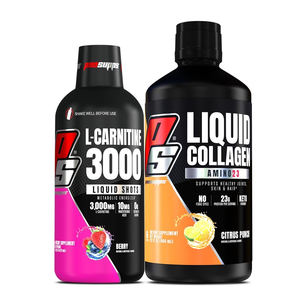 PROSUPPS L- Carnitine 3000 Stimulant Free Liquid Shots (Berry) Amino23 Liquid Collagen Shots (Citrus Punch) Bundle