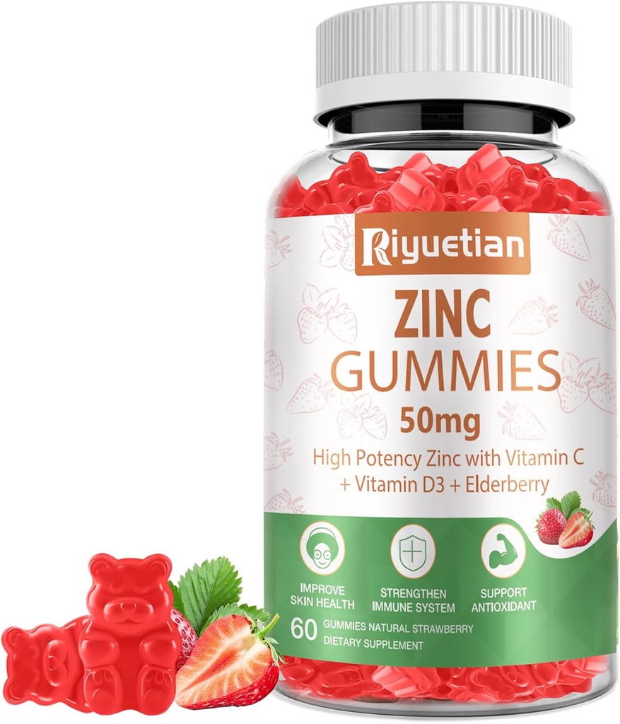 Zinc Kimmies - Potensi Tinggi 50mg Zinc dengan Vitamin C + Vitamin D3 + Elderberry - Dukungan Kesehatan Ammune - Vegan, Non- GMO dan Gluten Bebas - 60 Gummies