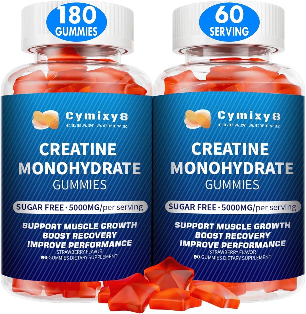 Cretine Monohydrate Gummies 5g for Men & Women, 7100mg with Lipomal Taurine, BCAA, Alpha GPC, B12, Cretine Monohydrate Chews for Muscle Growth, Strawberry Flavor, 180Count