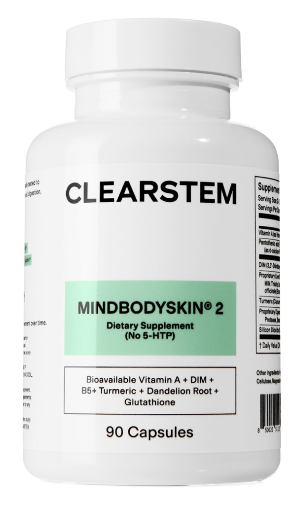 CLEARSTEM - MINDBODYSKIN Kritikus Hormonal Acne (Tanpa 5- HTP) - Suplemen DIM Alam - Skin Care Vitamin - Hormone Saldo, Antioksidants - Gluten Free, Cruelty Free - 30 Pelayan, 90 Kapsul