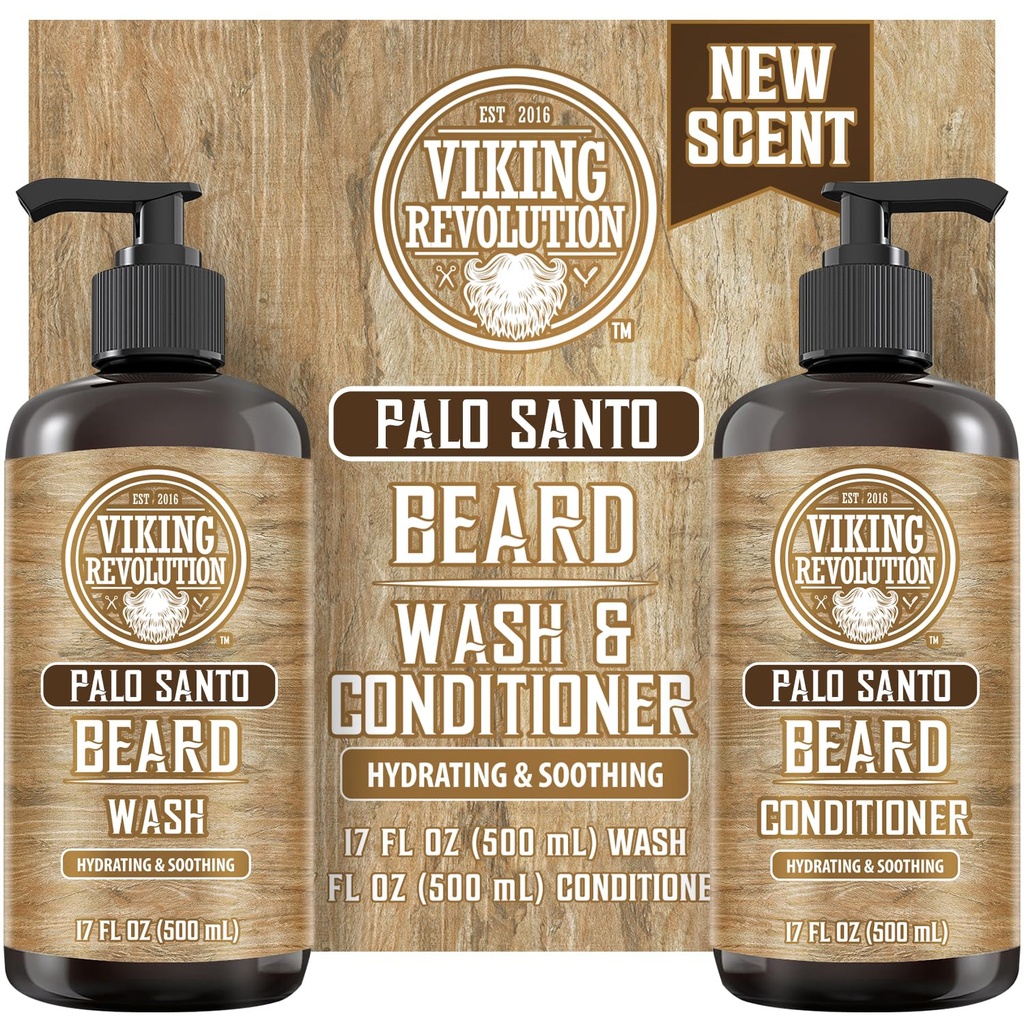 Viking Revolusi Palo Santo Wash dan Kondisioner Beard Set dengan Argan dan Jojoba Oils - Softens dan Strengthens - Natural Palo Santo Scent - Beard Shamoud dengan Ginseng Root Extract (17 oz)