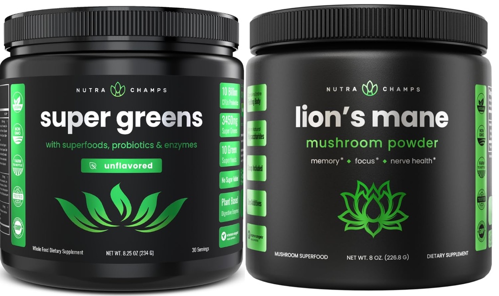NutraChamps Super Green Tanpa rasa dan Bubuk Mane Lion. Bungle & Adaptogen Hijau