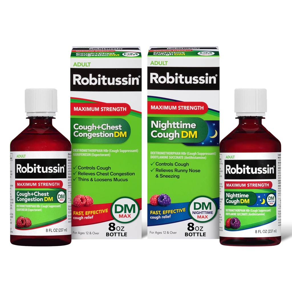 Robitsin DM Max Cough Plus Chest Contrable dan Robitsin Maximum Power Nighttime Cough DM, Dewasa Formula - 2 x 8 Fl Oz Bottles