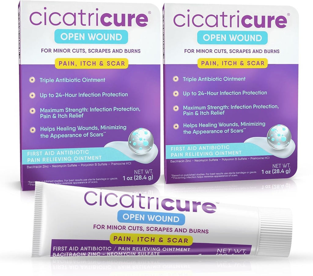 Cicatricure Triple Antibiotic Oquite with Pain Relief, Bacitrasin Antibiotic Oquis & Cream for Wound Care, Healing Opering for Cuts, Burns, Insect Bite, First Aid Supplies Estiles, 1 oz