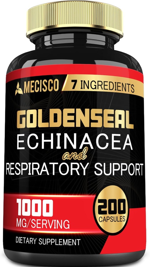 Goldenseal Root Capsule Organic dengan Echinacea, Mullein Leaf, Plantain & More - 7 Premium Herbal Support Immune System, Digetical Health, Smooth Breathing, and Body Management - 200 Kapsul