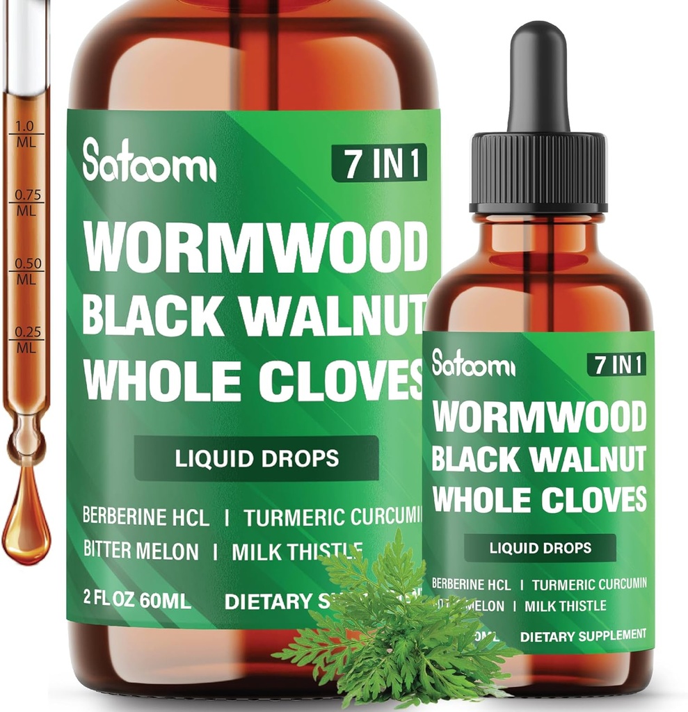 Satoomi 7in1 Wormwood Liquid Drops with Black Walnut, Whole Cloves, Berine, Milk Thistle, Bitter Melon and Turmeric - 60ml for 60 days
