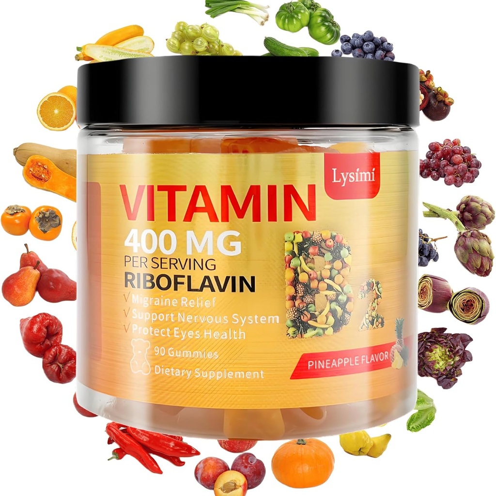 Vitamin B2 Gummies, Vitamin B2 Riboflavin Gummies 400mg, Migraine Relief & Headache Riboflavin Vitamin B2 Gummies, Soy & Gluten- Free, 90 Vitamin Gummi untuk Anak-anak & Dewasa