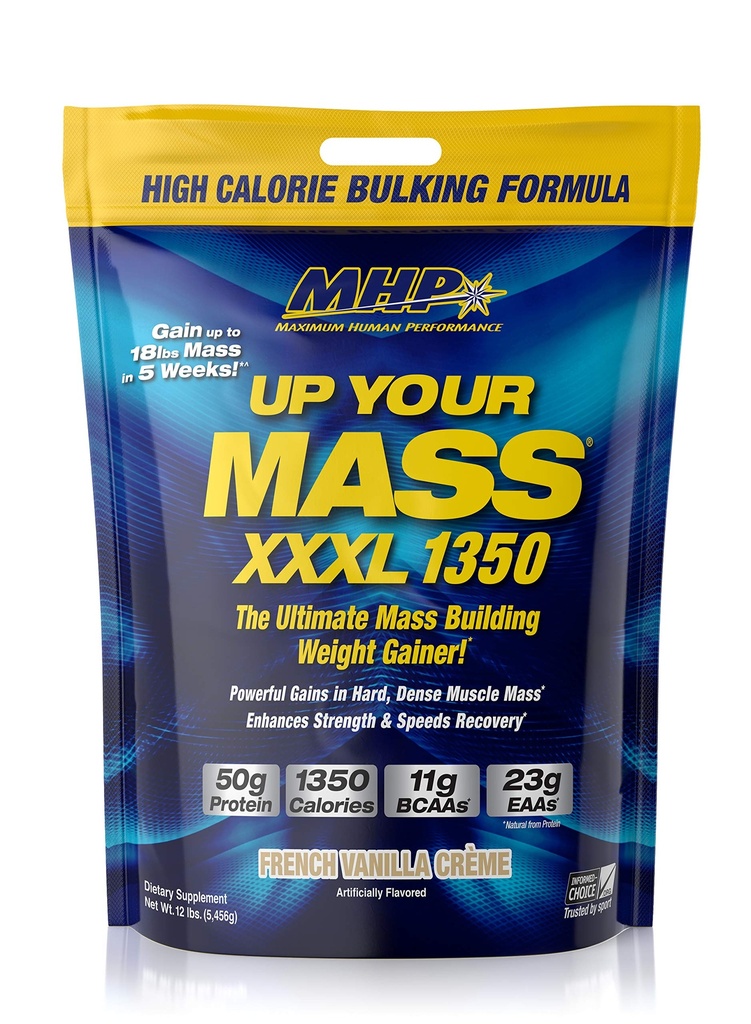 Maksimum Performance Human MHP UXXXL 1350 Mass Building Woight Gaines, Muscle Mass Gains, w / 50g Protein, High Calories, 11g BCAAs, Leucine, French Vanilla Creme, 16 Services