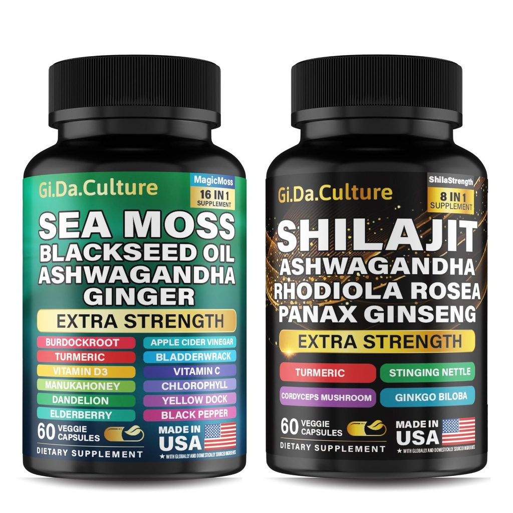 Shilajit dan Sea Moss Combo - Sea Moss dan Shilajit Bundle dengan Ashwagandha, Black Seed, Turmeric, Bladderwrack, Burdock, Black Pepper dengan Vitamin dan Antioksidants - 120 Veggie Capsules