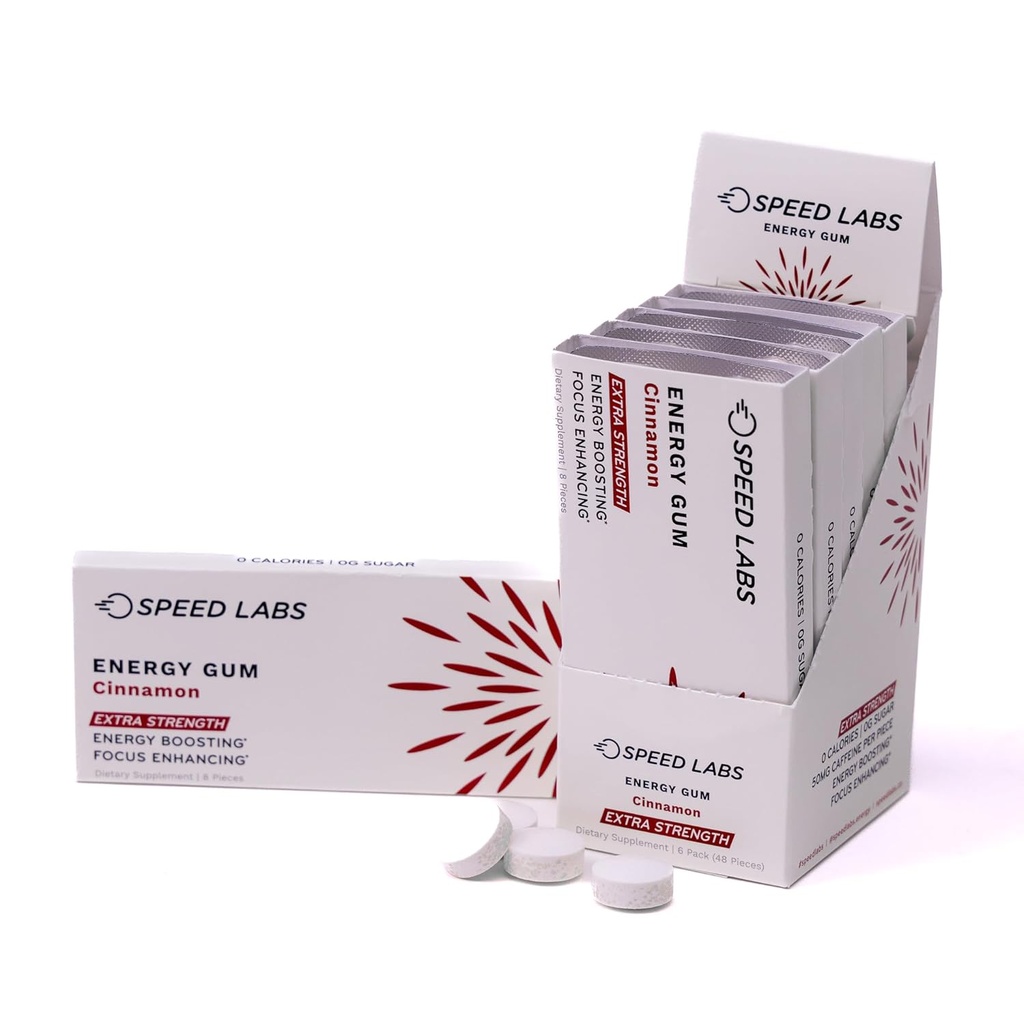 Speed Labs Cinnamon Extra Power Caffeine Chewing Gum 50mg Caffeine, Taurine, & B Vitamin Per Piece, 48 Pieces (6 Picks 8 Pieces) Sugar Free, Zero Calorie, No Aspartame, Gluten Free