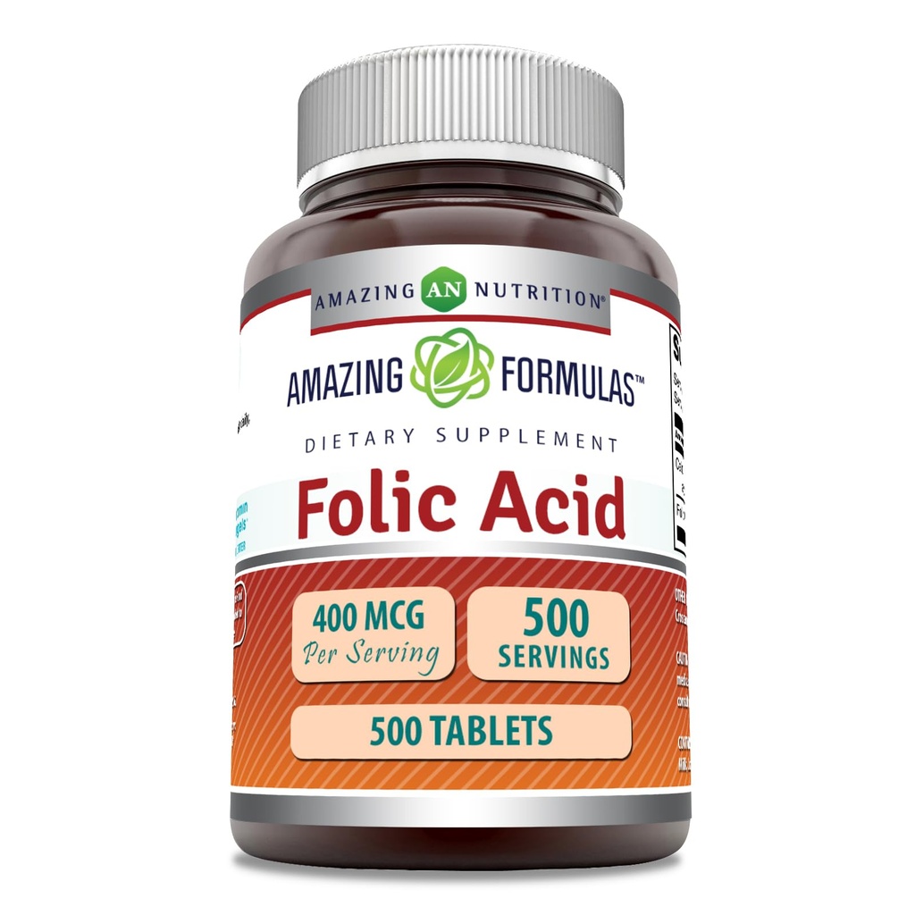 Amazing Formulas Folic Acid (Vitamin B9) 400 mcg 124; Tablet Suplemen 124; Non- GMO 124; Gluten Free 124; Dibuat di USA (1 Pack 124; 500 Count)
