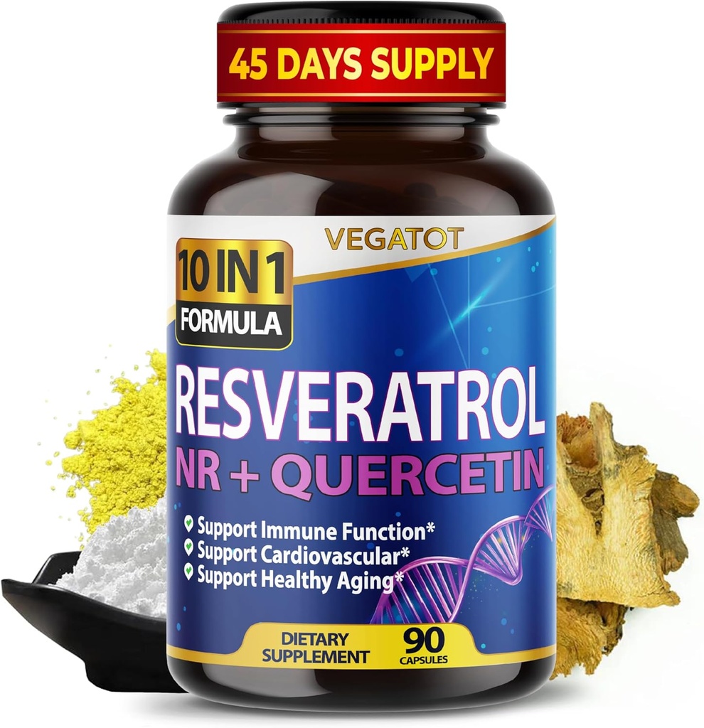 VEGATOT 10 dalam 1 Power Resveratrol dengan Quercetin Healthy Aging Immune Brain Boost Joint Support (90 Cacah (Paket 1)