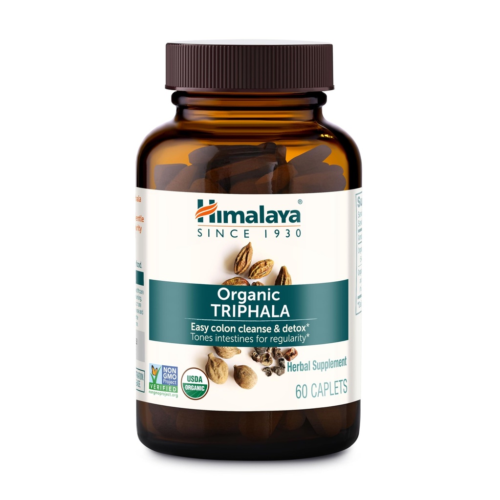 Himalaya Triphala Organik, 2 Bulan, untuk Colon Cleanse, Konstitasi Detox & Occasional, USDA Sertifikasi Organik, Non-GMO, Bebas, Extract & Powder Herbal Tambahan, 688 mg, 60 Caplets