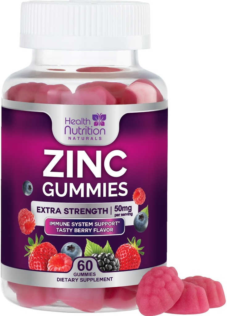 Suplemen 50 mg gummies - Max Strength Skin Health & Imune Dukung Gummy, Vegan, Non-GMO & Gluten Free - Best Zinc Supppplemen Antioksidant & Bone Health Chewable Berry Flavor - 60 Gummies