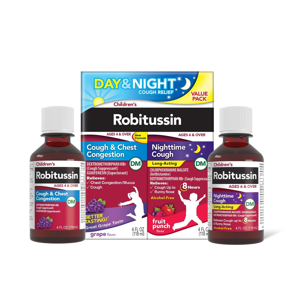 Anak-anak Robitussin DM Day and Night Cough Relief Value, Cough Medicine, Grape / Fruit Punch Flavor - 4 Fl Oz x 2