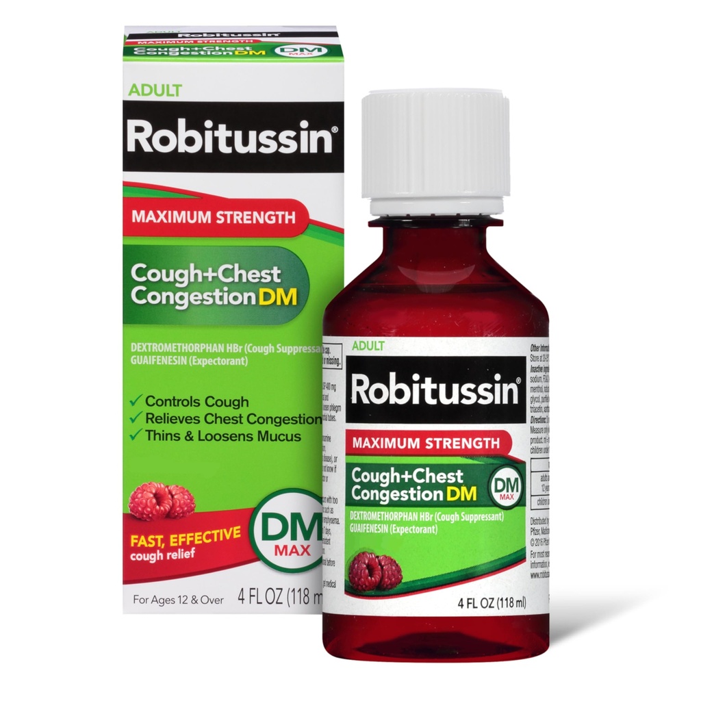Robotussin Dewasa Maksimum Cough + Chest Contraffic DM Max (4 fs. oz. Bottle), Cough Suppresant & Expectorant, Raspberry Flavor