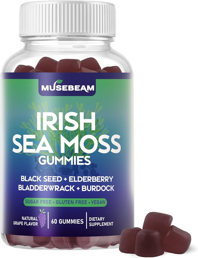 Irish Sea Moss Gummies - with Black Seamoss Elderberry Bladdercrack Burdock Turmeric Omega-3 Vitamin C D3 Zinc - Seamoss Sugar- Free Gluten Free Vegan