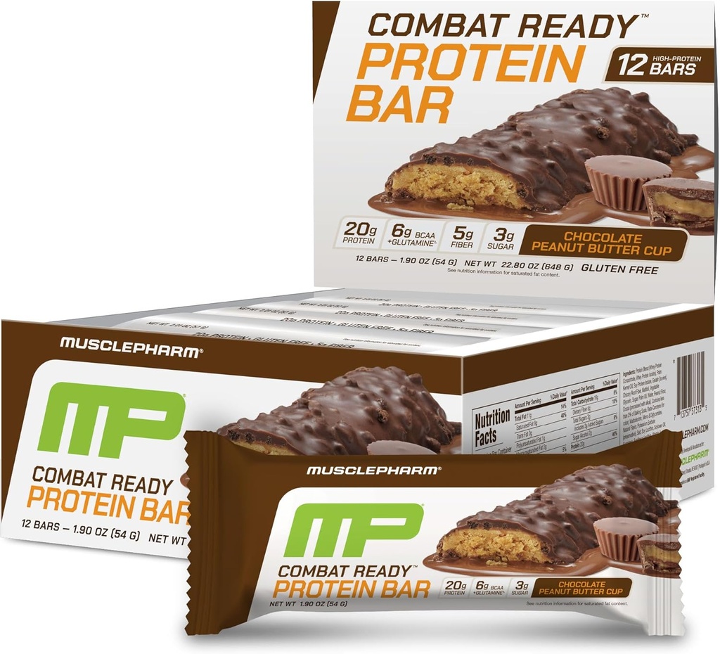 Bar MusclePharm Combat Sport, Chocolate Peanut Butter Cup, High Protein Bars, Combat Craures, Fuel Performance & Meet Energy Demands, 20g Protein dari Wey Protein, 5g Fiber, Gluten Free, 12 Bars
