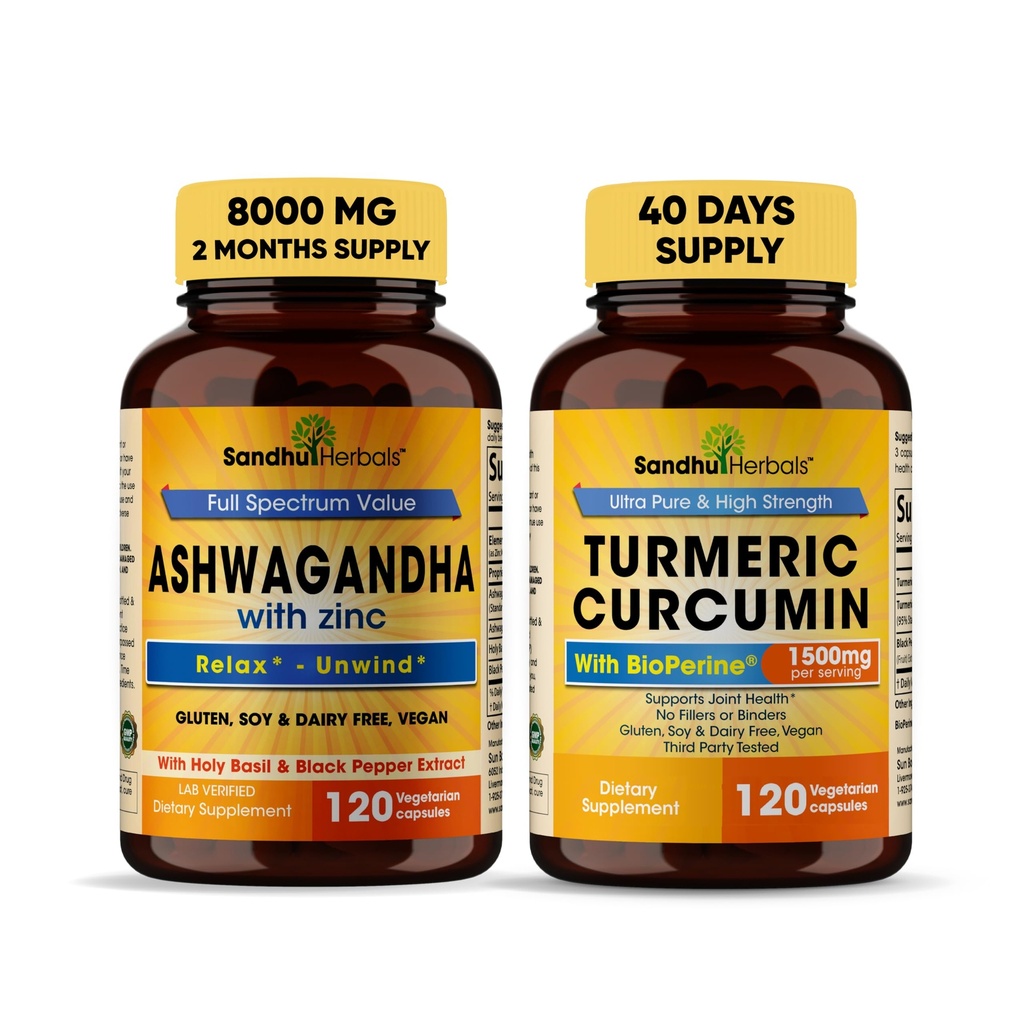 Sandhu Herbals Organic 4in1 Ashwagandha w / Zinc & Organic Turmeric Curcumin w / Bioperine Black Pepper Extract 126; Pasokan Imune System 124; Non-GMO
