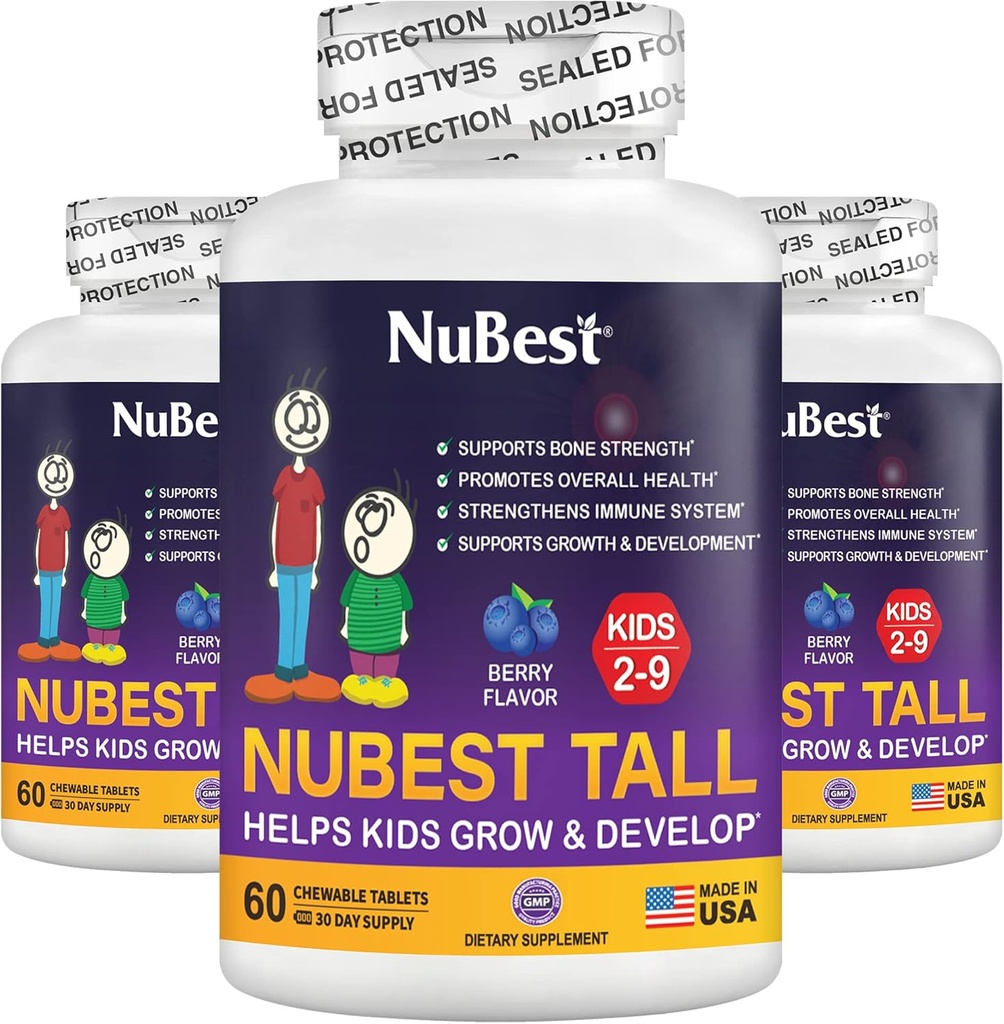 NUBest Tall Kids - Multivitamin & Minerals for Age 2 sampai 9 - Bone Strongity & Immunity Support - Helling Kids, Toddlers Heally - Animal Shape - 180 Chewable Berry Tablet 12.4; 3 Bulan Supply