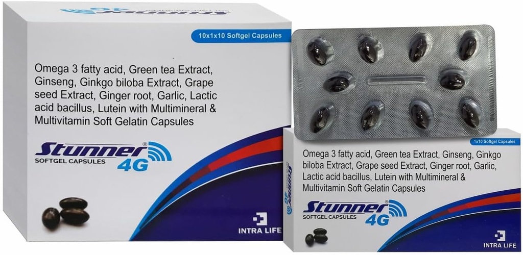 STUNNER- 4G SOFTGEL CAPS inseng Extract Powder 42.5mg + Wheat Germ Oil 25mg + Citrus Bioflavonoid 20mg + Grape Seed Extract 15g + Natural Mixed Carotenoid (10% Disfersion) 11.33mg + Green Tea Extract