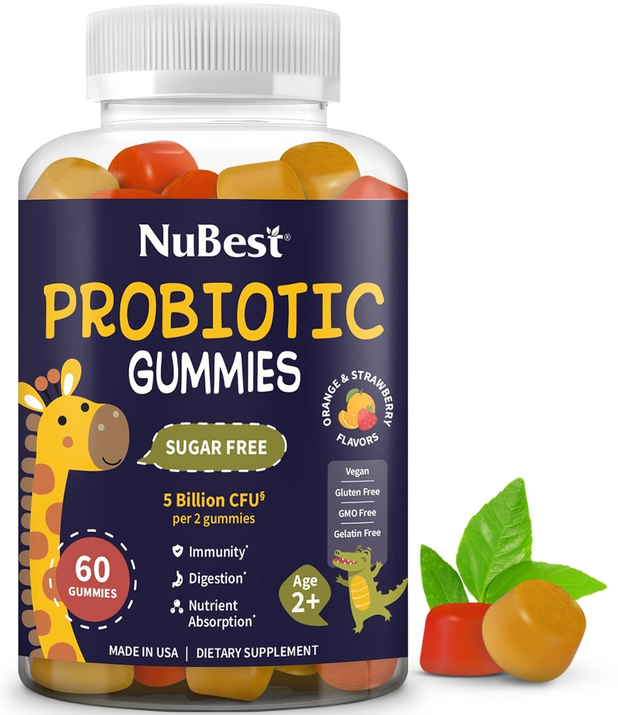 NuBest Daily Probiotic Gummies for Kids & Teens dengan 5 Milyar CFUs 124; Menyediakan Imune, Gut, dan Digetical Health 124; Tanpa Ditambahkan Gula 124; Yummy Strawberry & Orange Flavors 124; 60 Premium Vegan Gummim