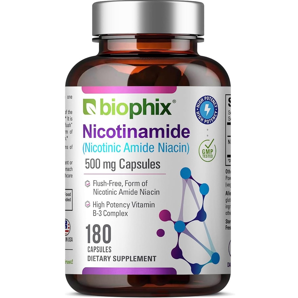 biophix B-3 Nicotinamide 500 mg 180 Caps - Nicotyic Amide Niacin Natural Flush- Free Vitamin Formula - Support Skin Cell Health