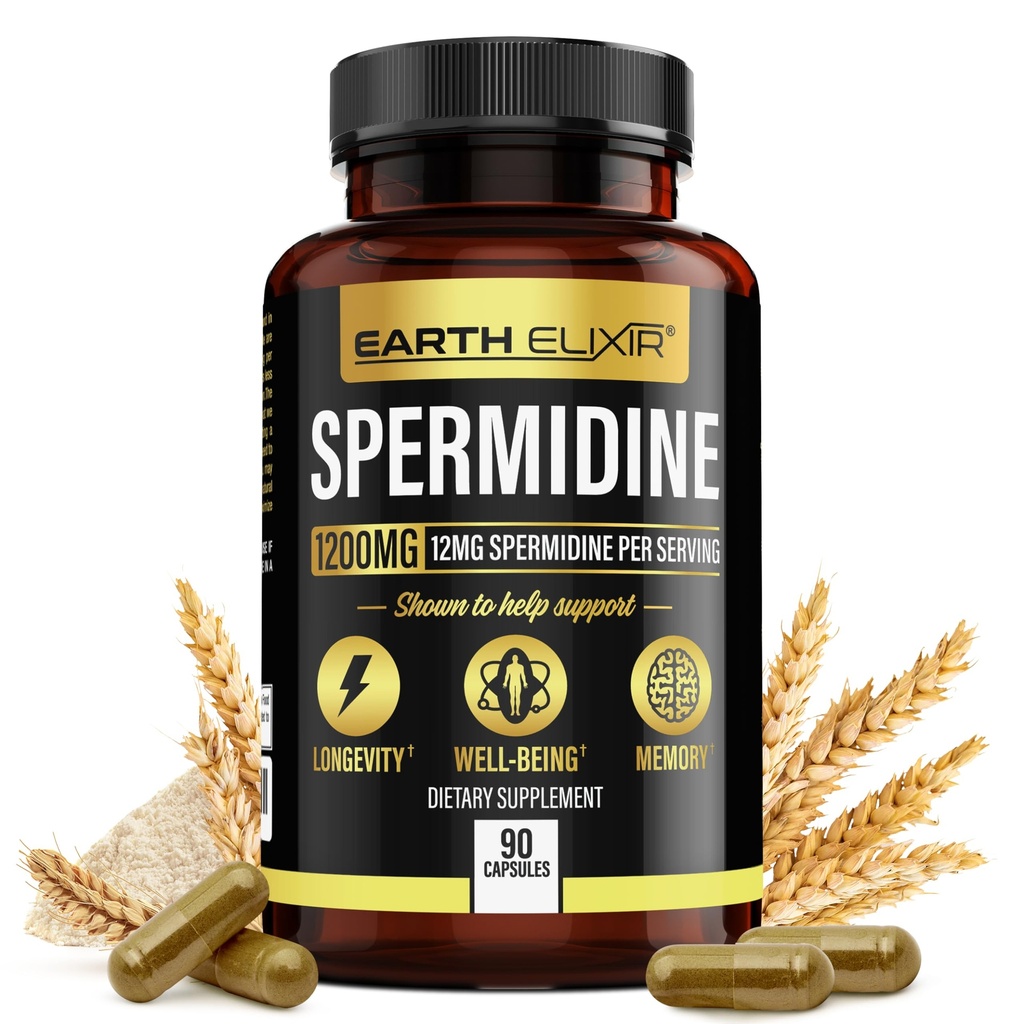 Suplemen Elixir Spermidine 1200 mg (90 Kapsul) - AntiAging - 3rd Party Tested (12g Spermidine Pouder) Max% Pure Espermidin- Fermented Wheat Germ Extract - NMN Alternatif