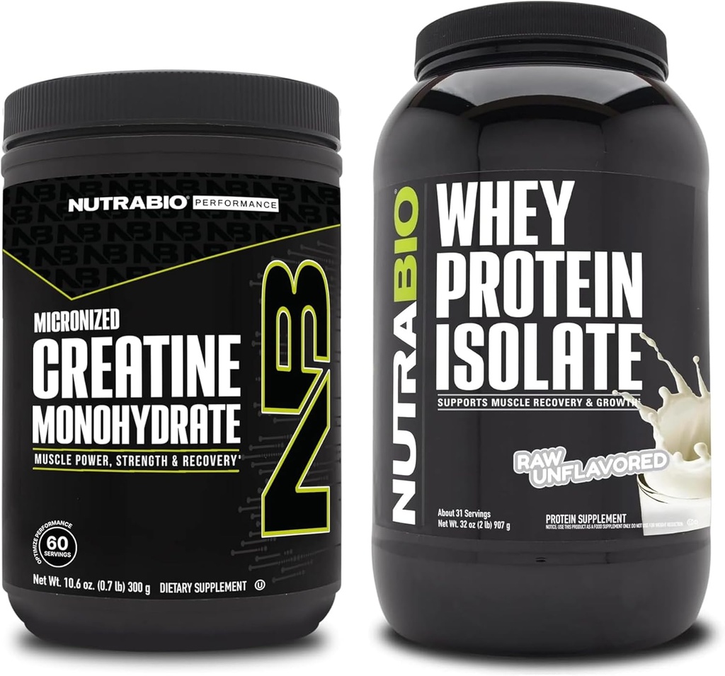 NuttraBio Creatine Monohydrate, Unfeatored, 300g dan Whey Protein Isoloate, Unflashted, Supplement Bundle - Energi Otot Lean, Pertumbuhan Otot, Pemulihan, dan Kekuatan