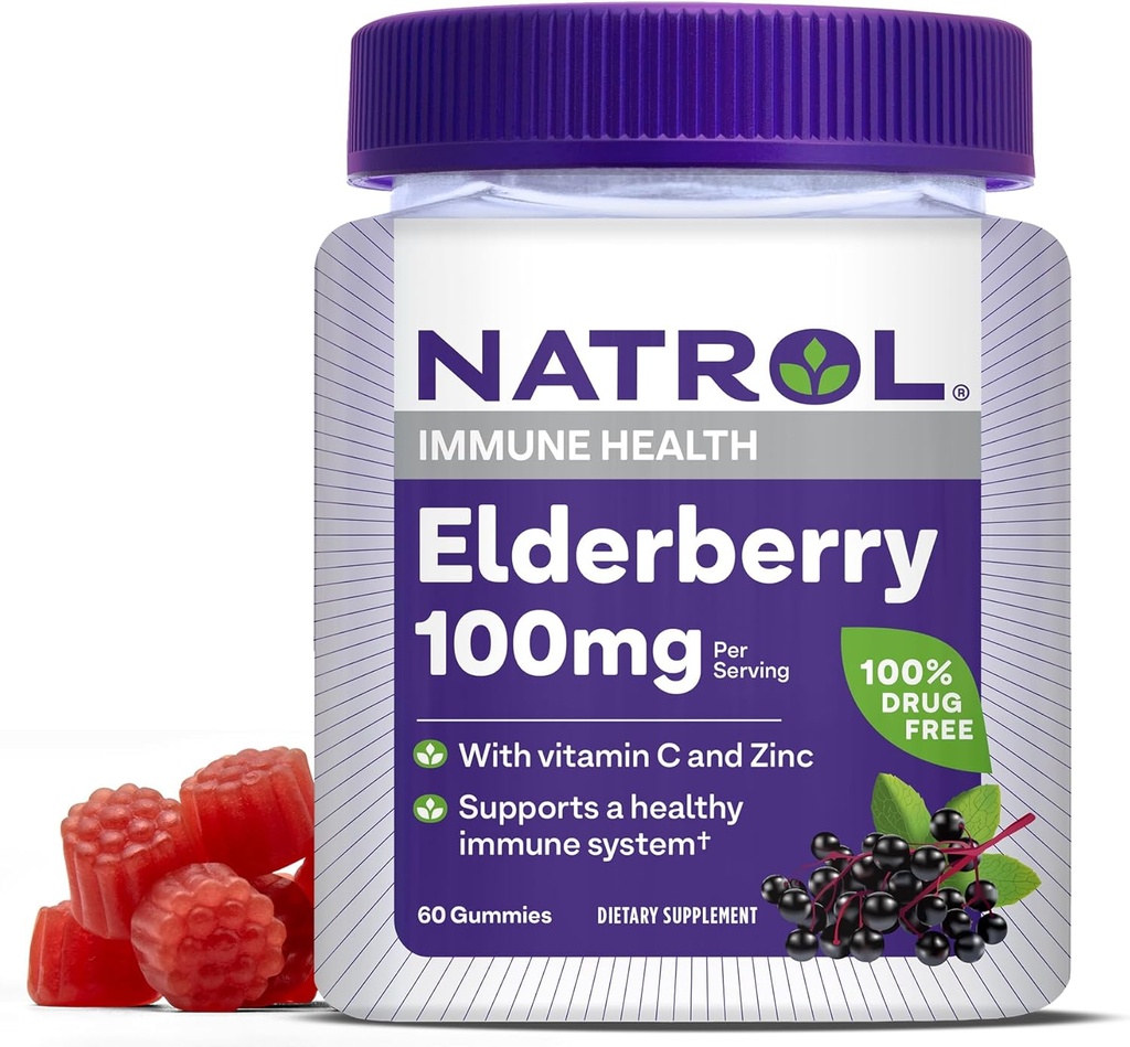 Natrol Elderberry 100mg Gummies for Immune Health Support, 60 Berry- Flavored Gummies, 30 Day Supply